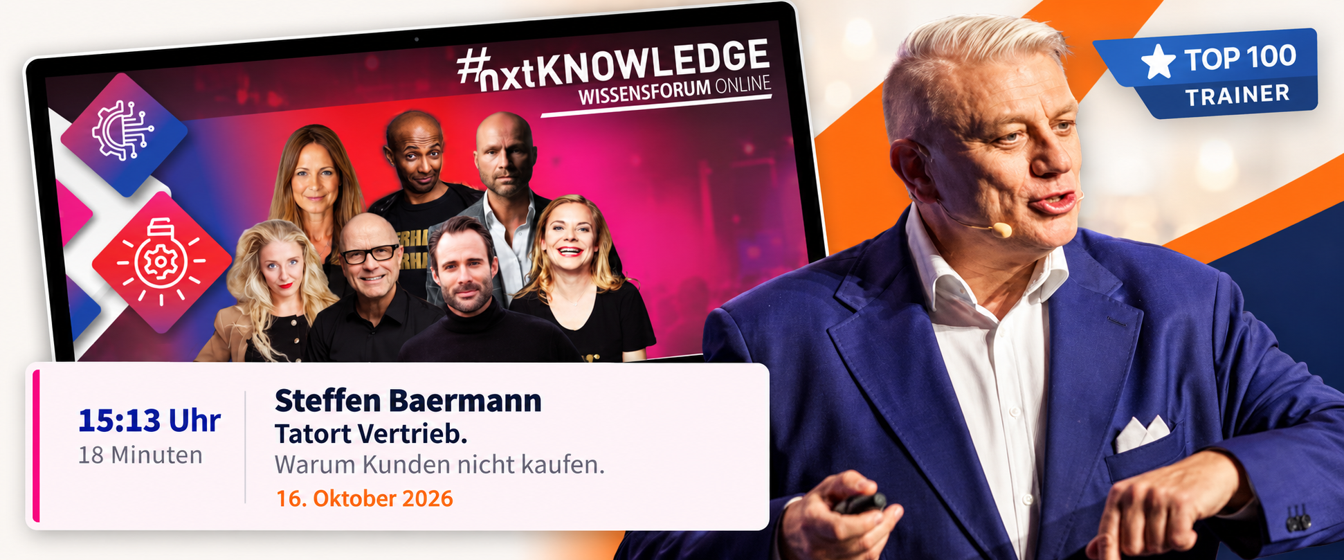 Steffen Baermann auf der Bühne des Wissensforums NXTKNOWLEDGE mit dem Vortrag „Tatort Vertrieb. Warum Kunden nicht kaufen.“