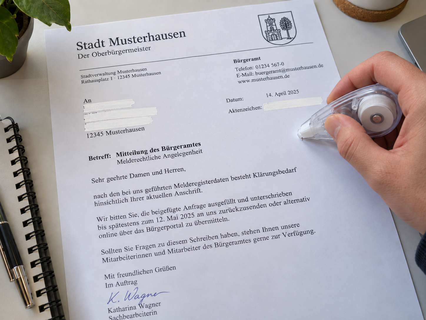 An official letter from a citizens' office with personal details covered using correction fluid
