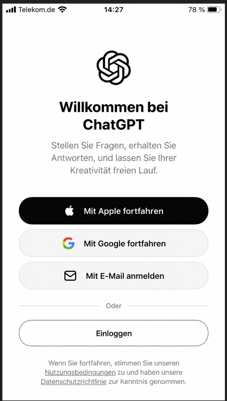 ChatGPT-Anmeldebildschirm mit den Anmeldeoptionen Mit Apple fortfahren, Mit Google fortfahren und Mit E-Mail anmelden